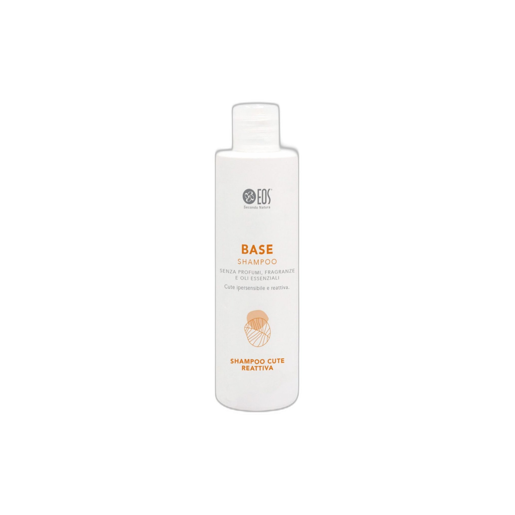 Flacone bianco di shampoo Base Eos, con etichetta arancione e logo verde