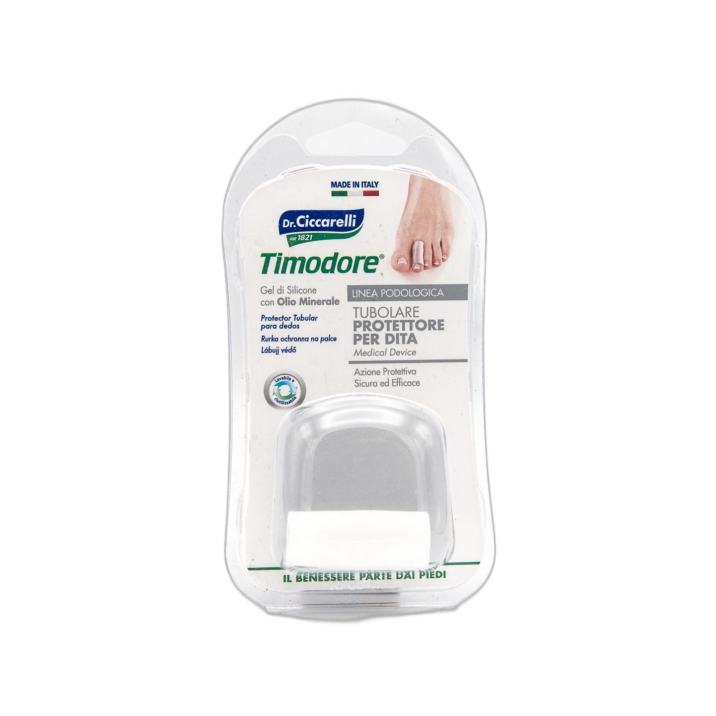 Confezione in plastica trasparente con un tubolare di silicone grigio e l'etichetta "Timodore