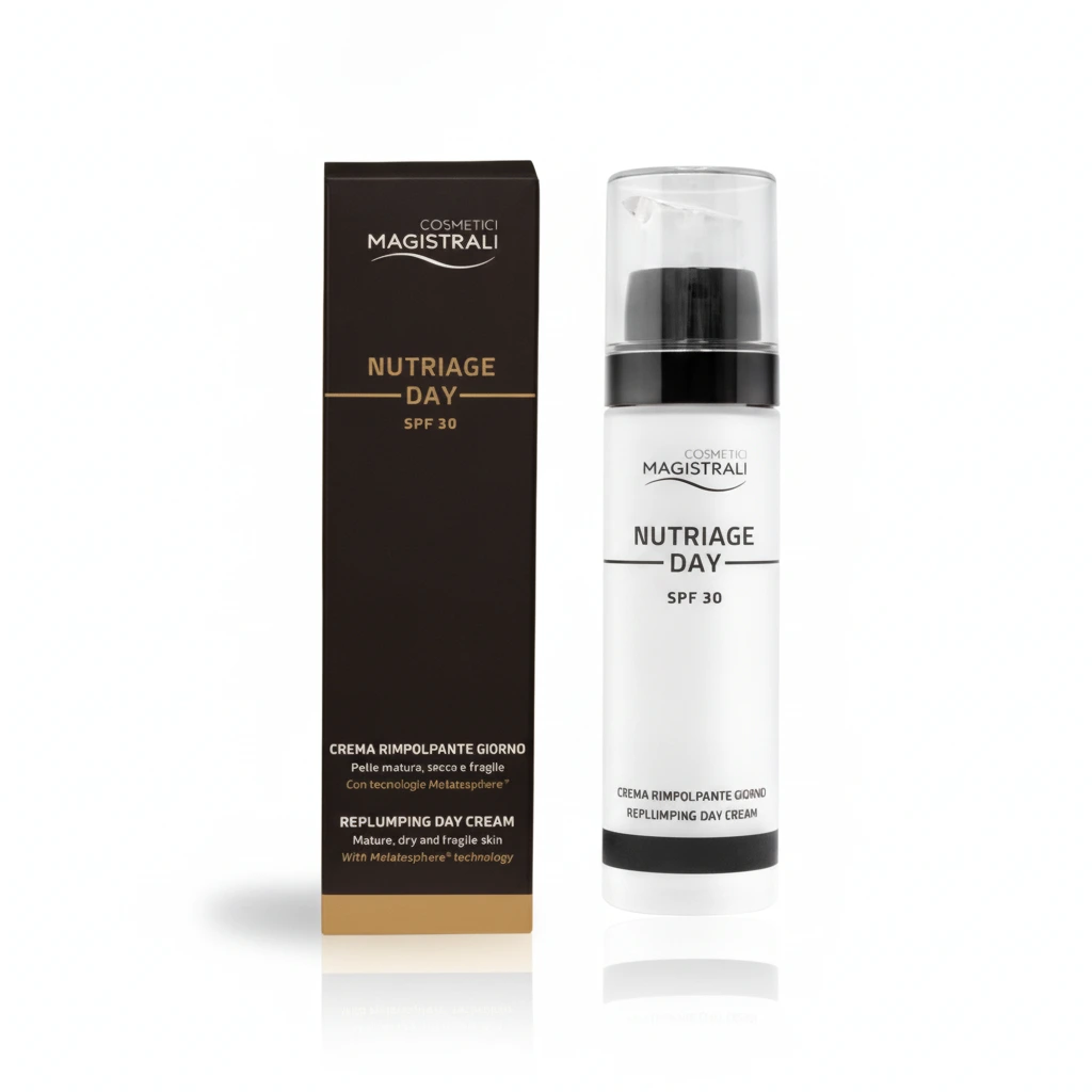 Flacone bianco con erogatore nero e scatola nera e oro per Nutriage Day SPF 30