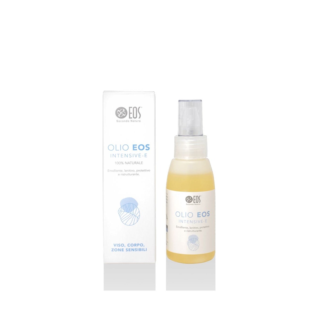 Due confezioni di olio Intensive-e EOS, una in scatola blu e l'altra in flacone spray trasparente su sfondo chiaro