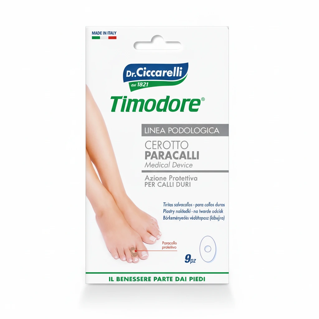Confezione rettangolare bianca e verde di cerotti Timodore Cer Parac Duri con foto di piedi