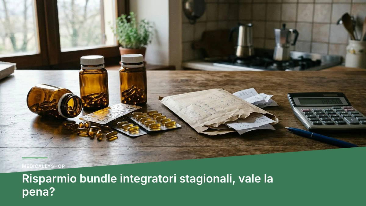 Confezioni di integratori naturali disposte insieme per un bundle stagionale
