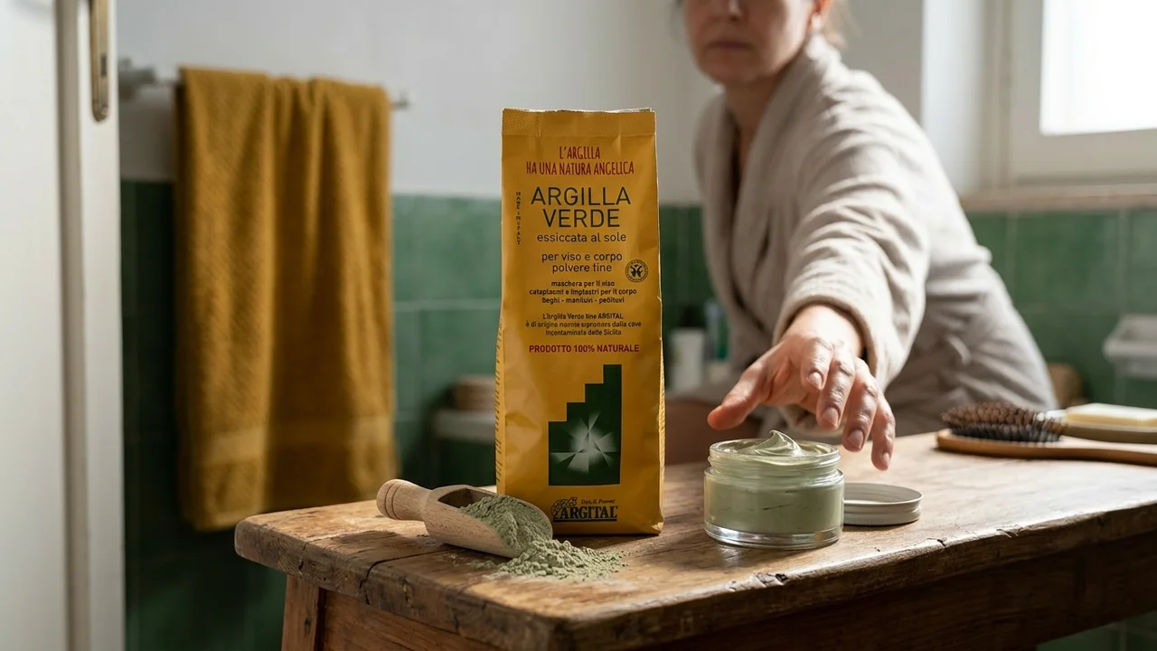 Barattolo di argilla verde in polvere e tubetto di crema appoggiati sul piano del bagno