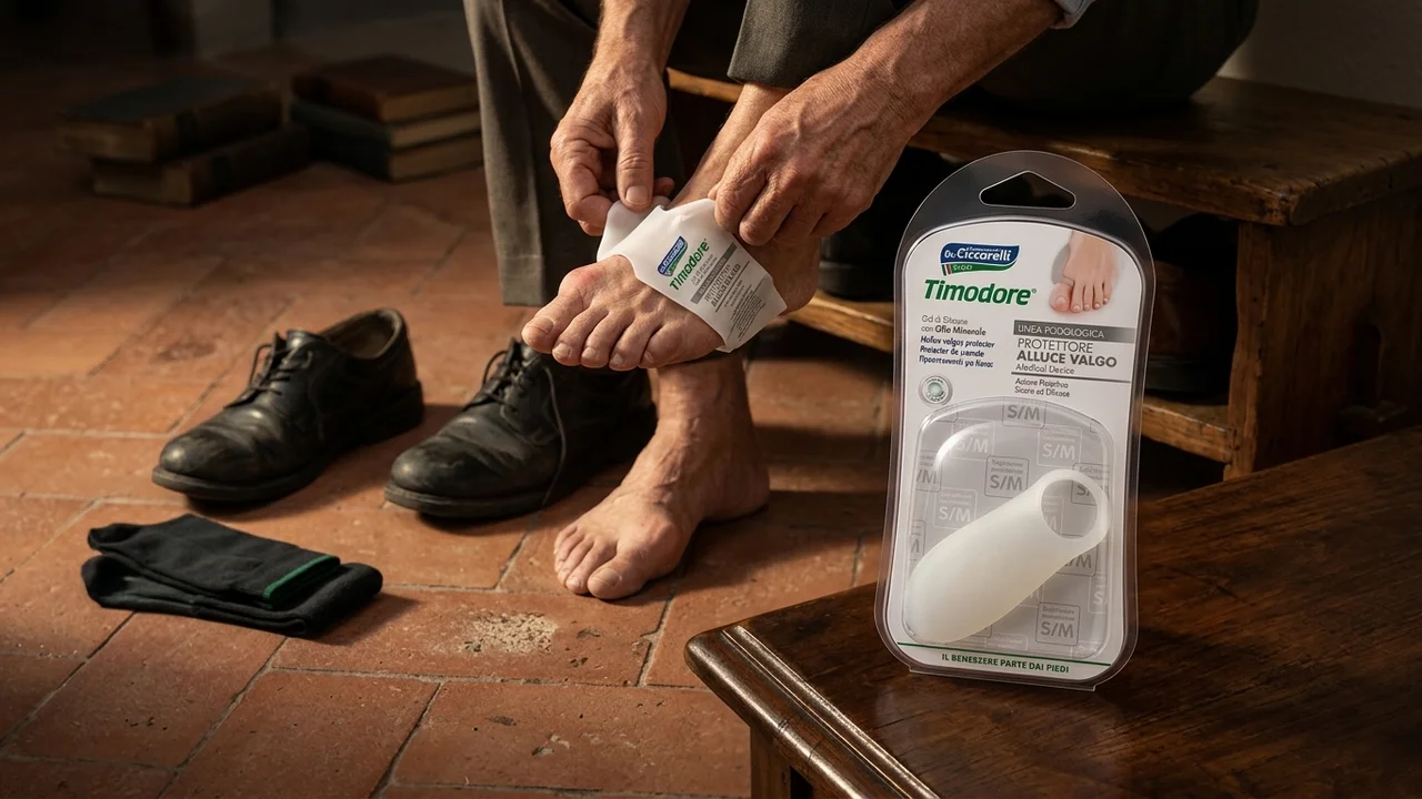 Protezione morbida in silicone accanto a scarpe con punta ampia e calza senza cucitura spessa