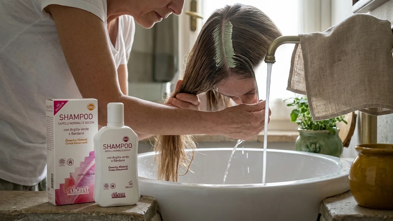 Risciacquo con acqua tiepida della pasta di argilla dalla scriminatura, con le lunghezze tenute lontane dai residui
